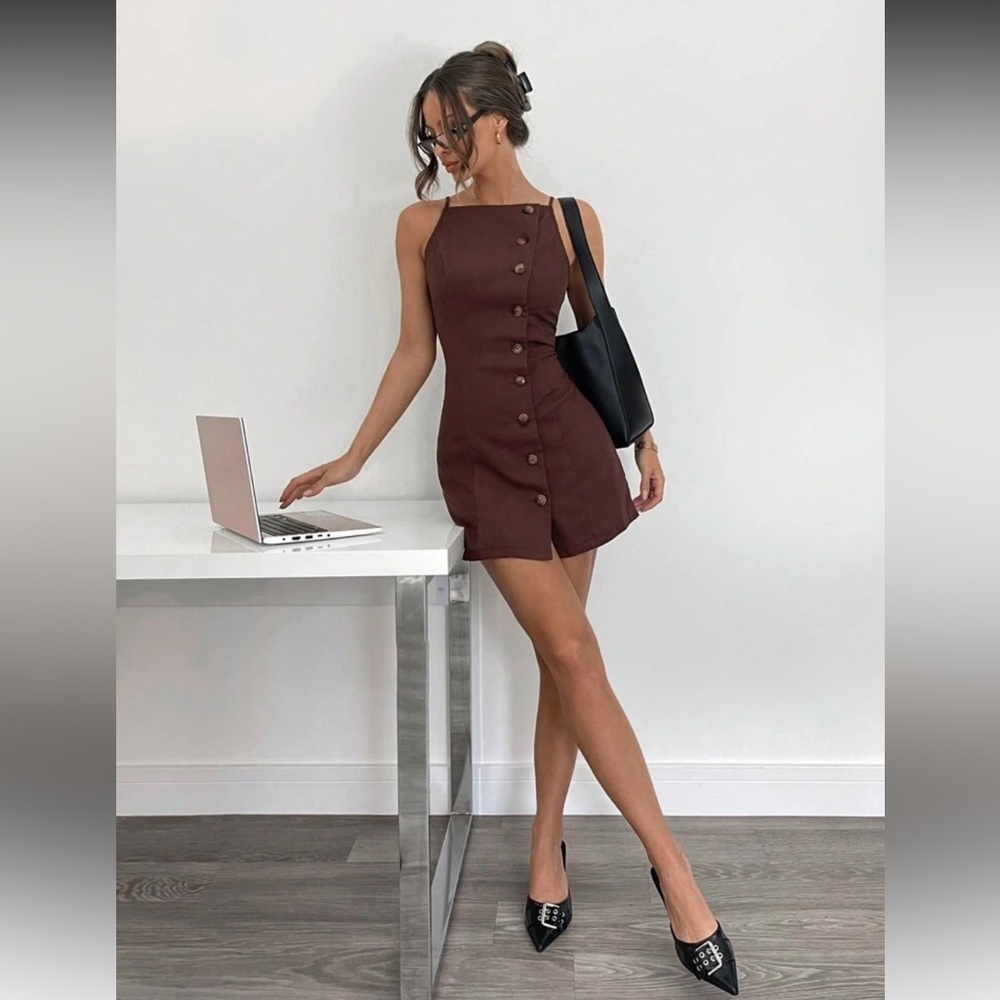 Office-Friendly Button-Up Mini Dress | Brown, Small